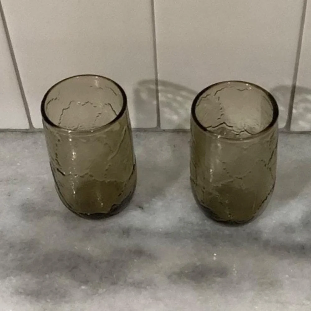 Anchor Hocking Sherwood Spicy Brown Glass Shooters, Set of 2 Vintage Leaf Design